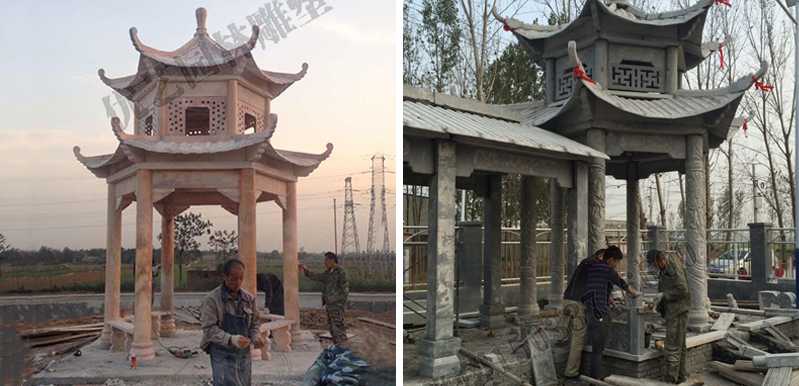 中式大理石涼亭安裝，石雕景觀亭子工廠，中式涼亭廠家